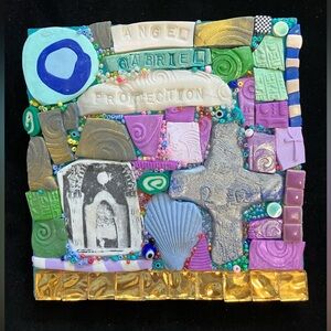 Handmade Clay Mosaic “Angel Gabriel “Polymer Clay &Glass Original OnWood 6”x6”
